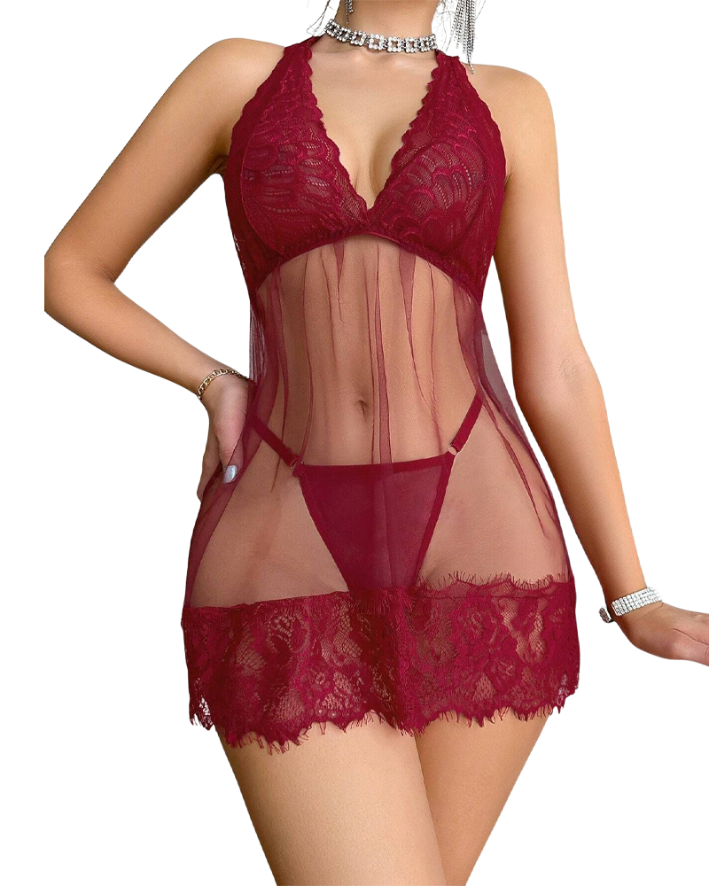 Camisón de Encaje con Cuello Halter y Tanga