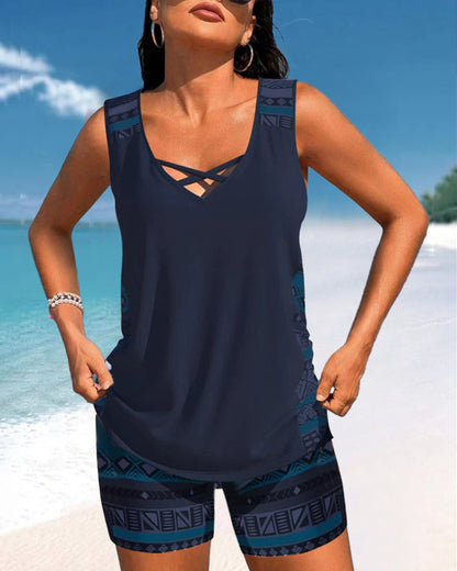 Tankini con estampado geométrico y escote en V