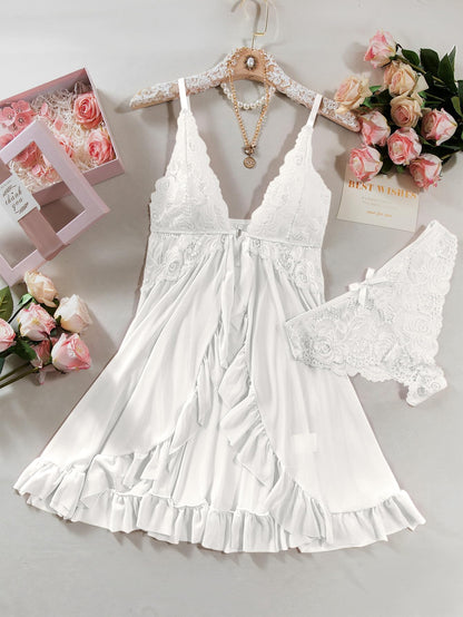 Conjunto de Camisón de Encaje Transparente