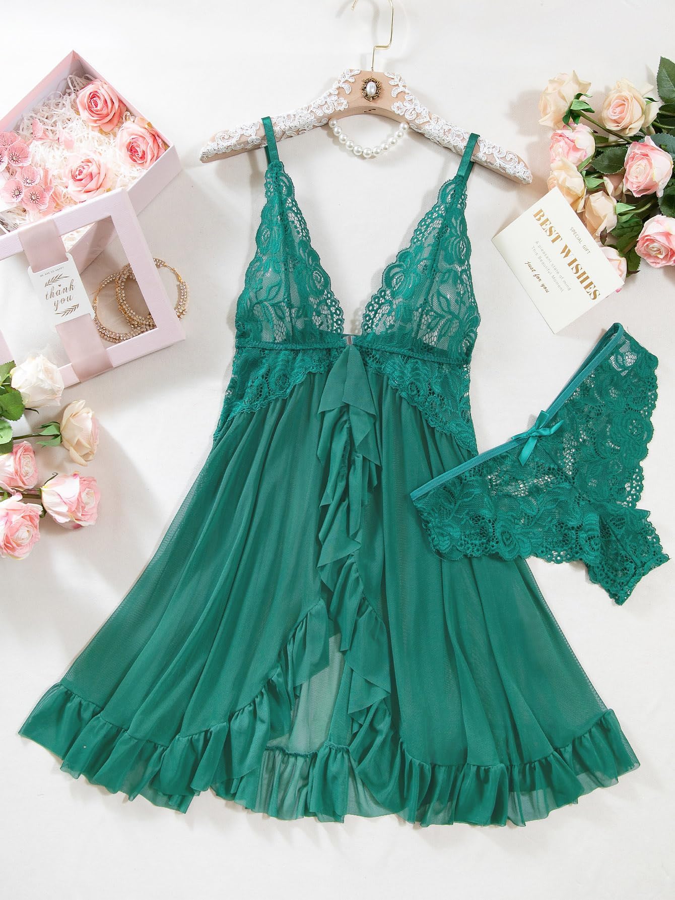Conjunto de Camisón de Encaje Transparente