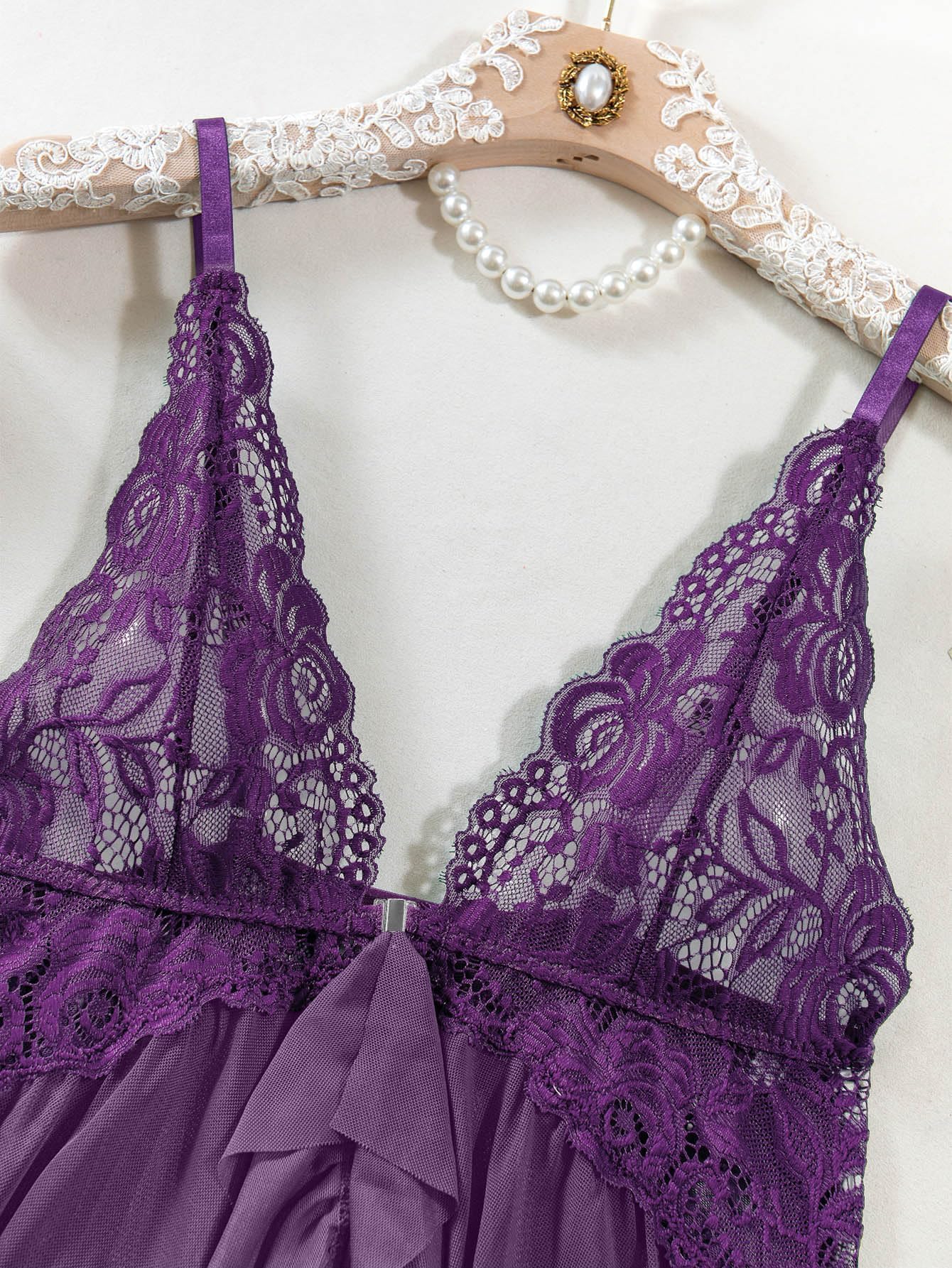 Conjunto de Camisón de Encaje Transparente