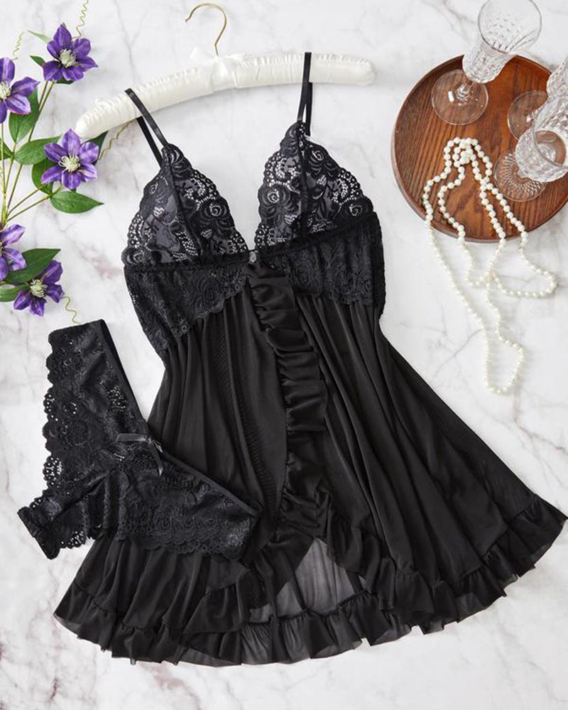 Conjunto de Camisón de Encaje Transparente