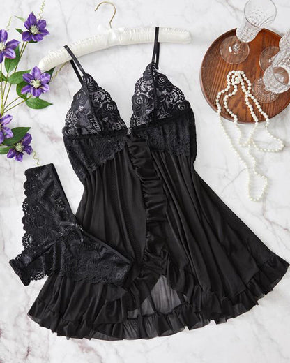 Conjunto de Camisón de Encaje Transparente