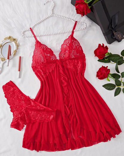 Conjunto de Camisón de Encaje Transparente