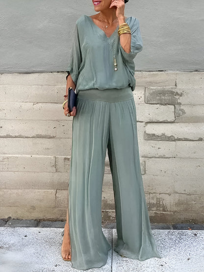 Conjunto elegante top de cuello en V y pantalón