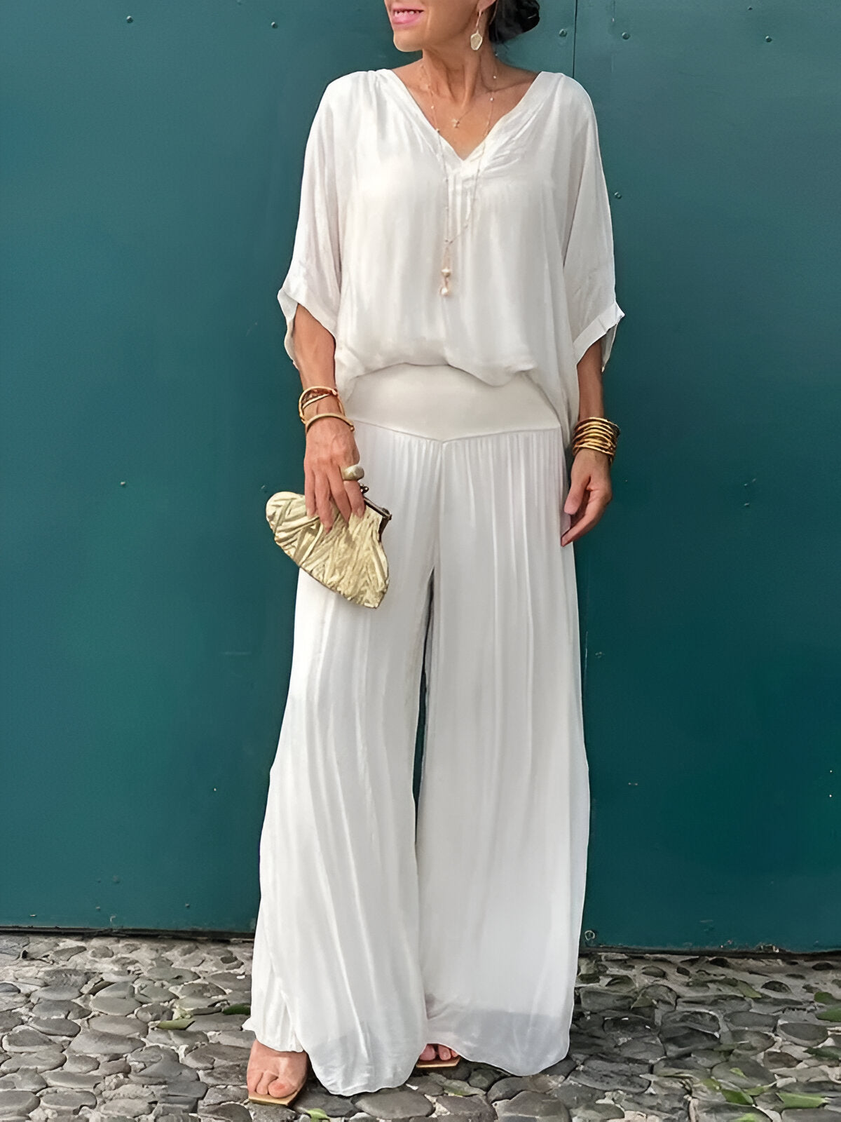 Conjunto elegante top de cuello en V y pantalón