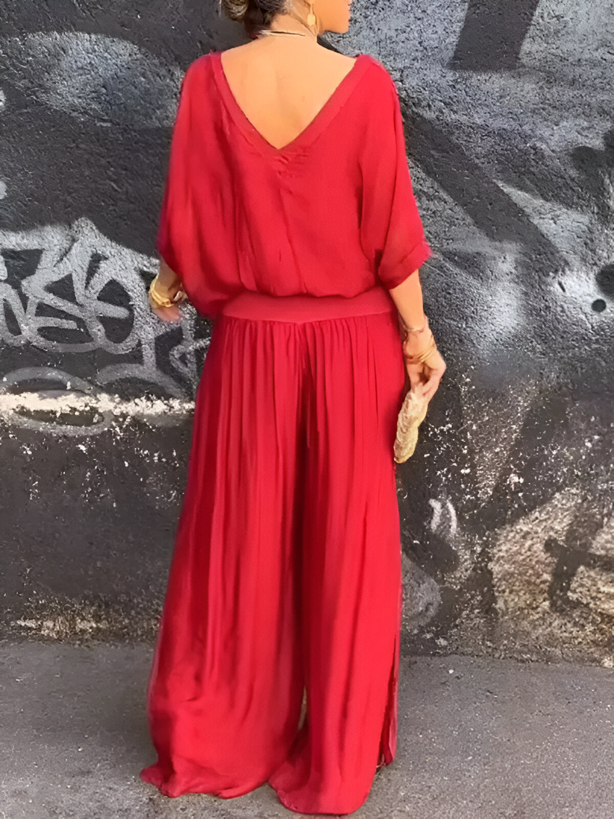 Conjunto elegante top de cuello en V y pantalón