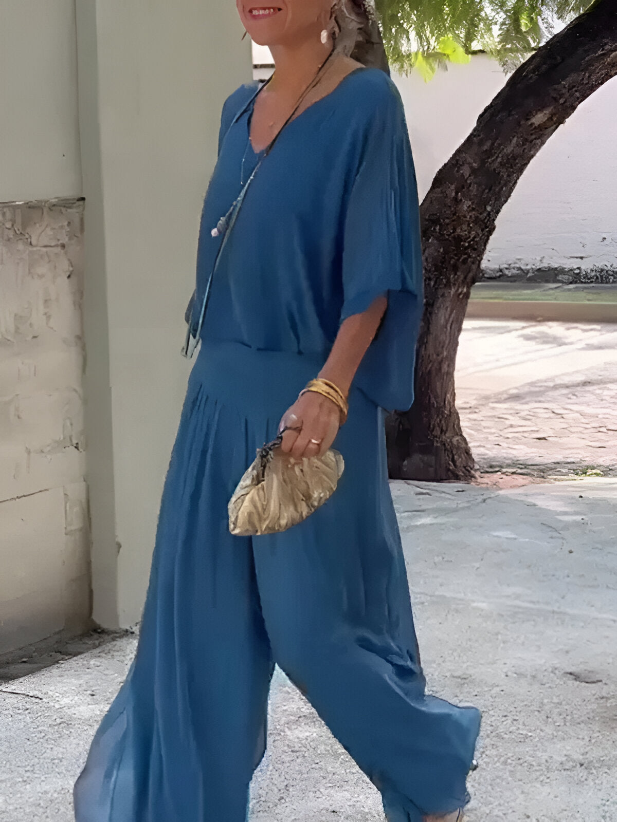 Conjunto elegante top de cuello en V y pantalón