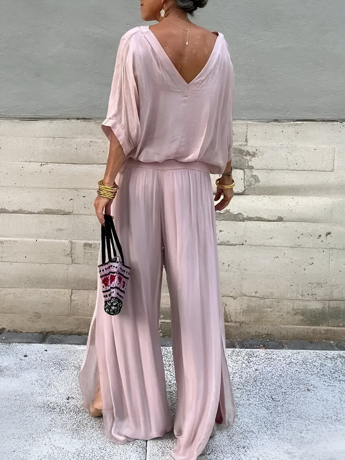 Conjunto elegante top de cuello en V y pantalón