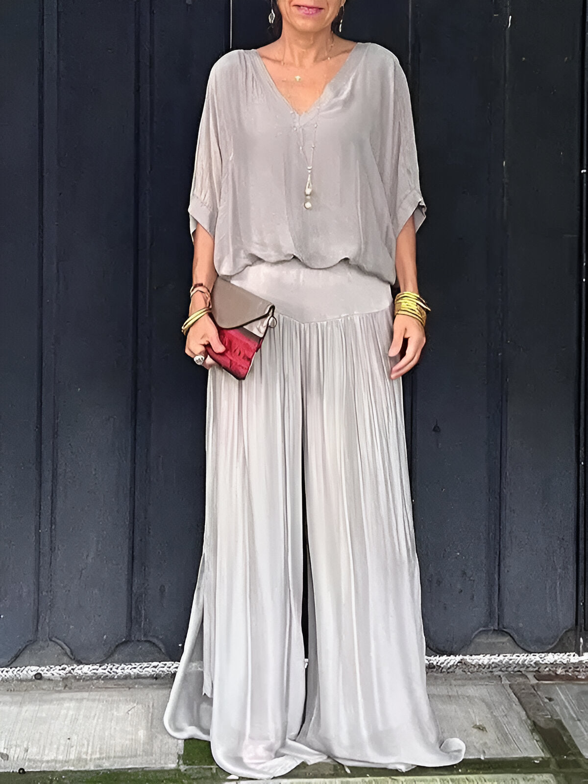 Conjunto elegante top de cuello en V y pantalón