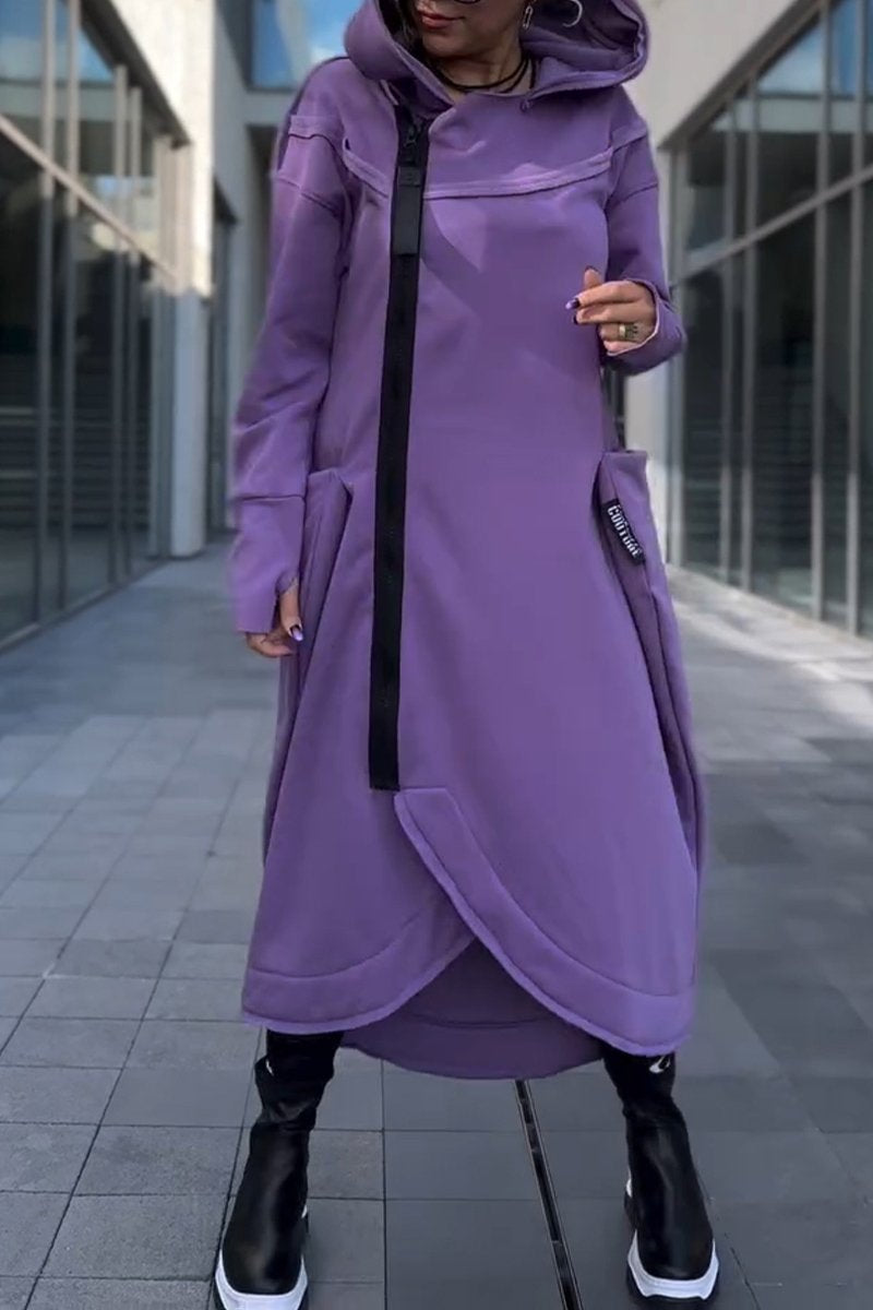 Vestido con capucha de manga larga y dobladillo asimétrico